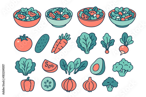 Colorful illustration of fresh vegetables and salads in vibrant bowls showcasing healthy eating habits