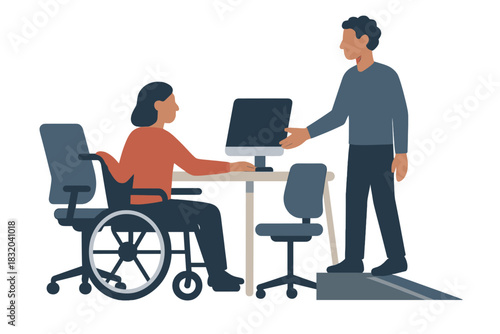 Collaboration at work between a person in a wheelchair and a coworker during a meeting