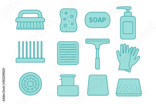 Cleaning tools and supplies illustrated in a simple and organized layout for household chores