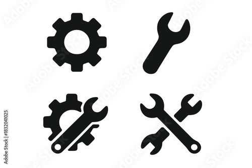 Set of black tool icons representing gear and wrench designs for DIY and mechanical work