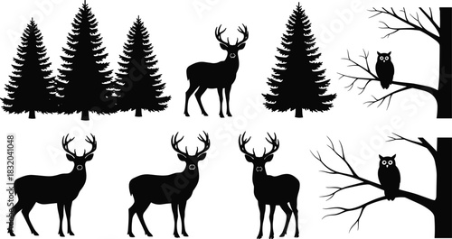 Black silhouette forest scene with deer and owls on white background tree nature