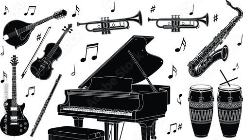Black silhouette musical instruments and notes on white background piano grand piano