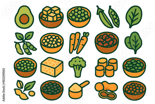 Colorful variety of vegetables, legumes, and tofu in bowls arranged in a grid for healthy meal preparation options