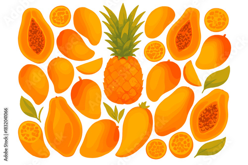 Bright tropical fruits including pineapples and mangos arranged artistically on a white background