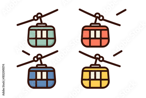 Colorful cable cars hanging on a wire in a minimalist design showcasing different shades and patterns