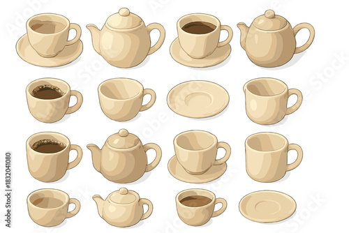Collection of beige ceramic teapots and cups arranged in an artistic display on a white background