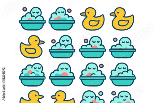 Colorful cartoon ducks and bathtubs filled with bubbles create a fun and cheerful pattern for kids' bathroom decor or design projects
