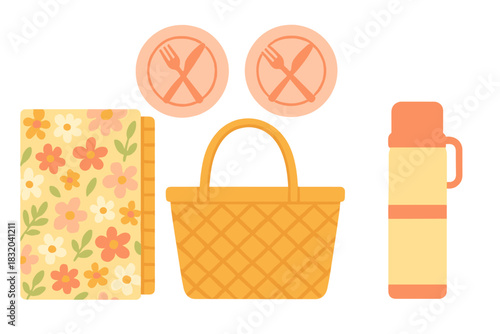 Picnic essentials arranged with a floral blanket, wicker basket, and thermos in a cheerful and inviting layout