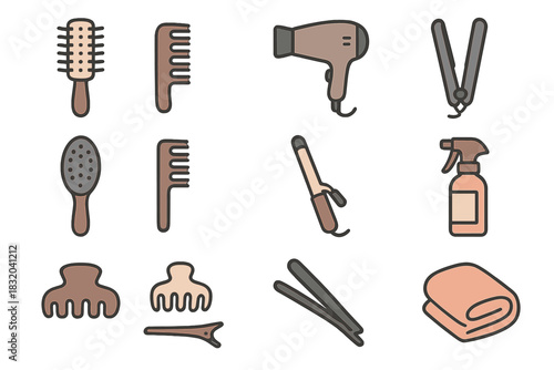 Collection of hairdressing tools arranged in a neat pattern on a white background for beauty and grooming use