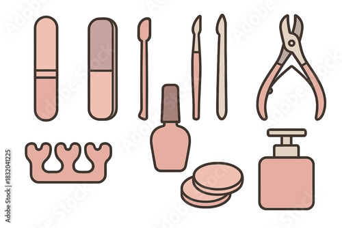 Variety of beauty tools and accessories arranged neatly on a light background for makeup and nail care