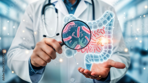 Doctor examining human intestine with magnifying glass showing bacteria and microbe concept for gut health, microbiome, and digestive system analysis in medical science