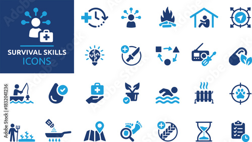 survival, skills, preparedness, icons, set, collection, person, bag, medical, cross, clock, time, fire, shelter, house, navigation, compass, lightbulb, idea, knife, map, plan, radio, food, water, fish