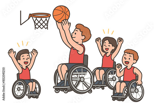 Participants enjoying a spirited basketball game in wheelchairs while celebrating success during an exciting sports event
