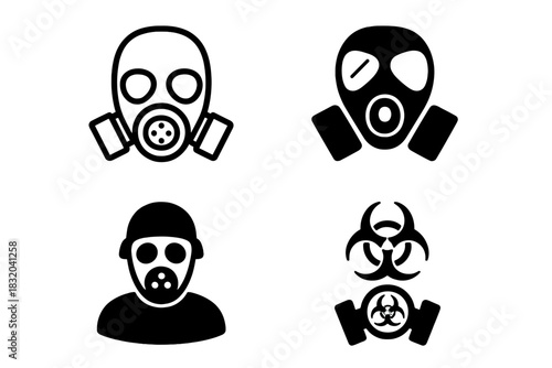 Representations of gas masks and biohazard symbols in black and white graphics