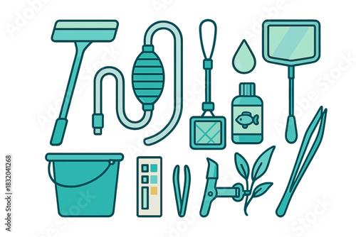 Cleaning tools and supplies arranged on a white background, ideal for maintenance of fish tanks or aquariums