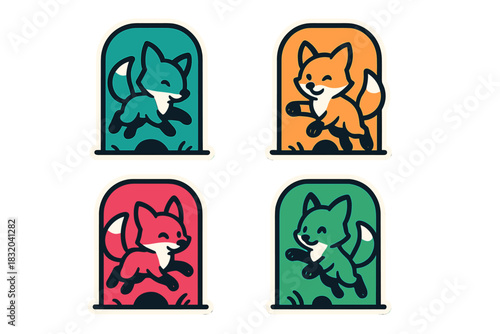 Colorful cartoon fox designs displayed in four different styles with playful expressions and dynamic poses