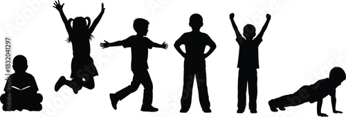 Black silhouettes of children in various activities including reading jumping running standing and doing push ups