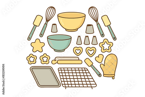 Kitchen baking tools and utensils arranged for a fun baking session with vibrant colors and cheerful motifs