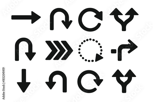Set of directional arrows and symbols for navigation in various orientations and movements