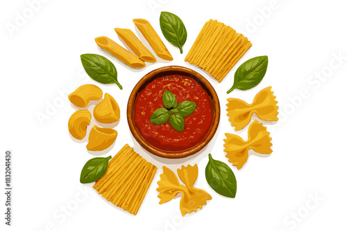 Colorful arrangement of different pasta shapes and fresh basil leaves with tomato sauce on a white background