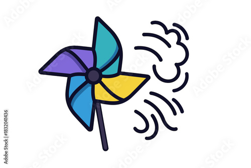 Colorful pinwheel spins gently in the breeze on a sunny day, bringing joy to children playing outdoors