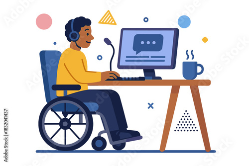 Man using a computer while sitting in a wheelchair during a virtual meeting indoors