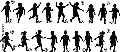 Black silhouettes of children playing soccer in various poses on a white background