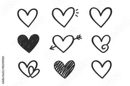 Collection of hand-drawn hearts in various styles showcasing love and affection in simple designs