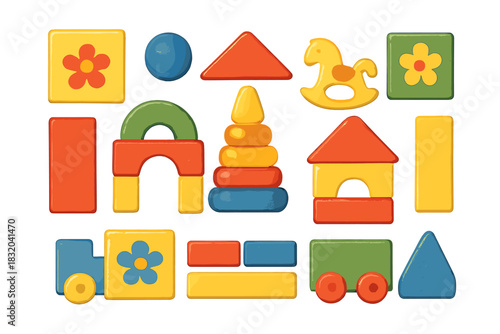 Colorful building blocks arranged in various shapes ready for playtime creativity and fun for children