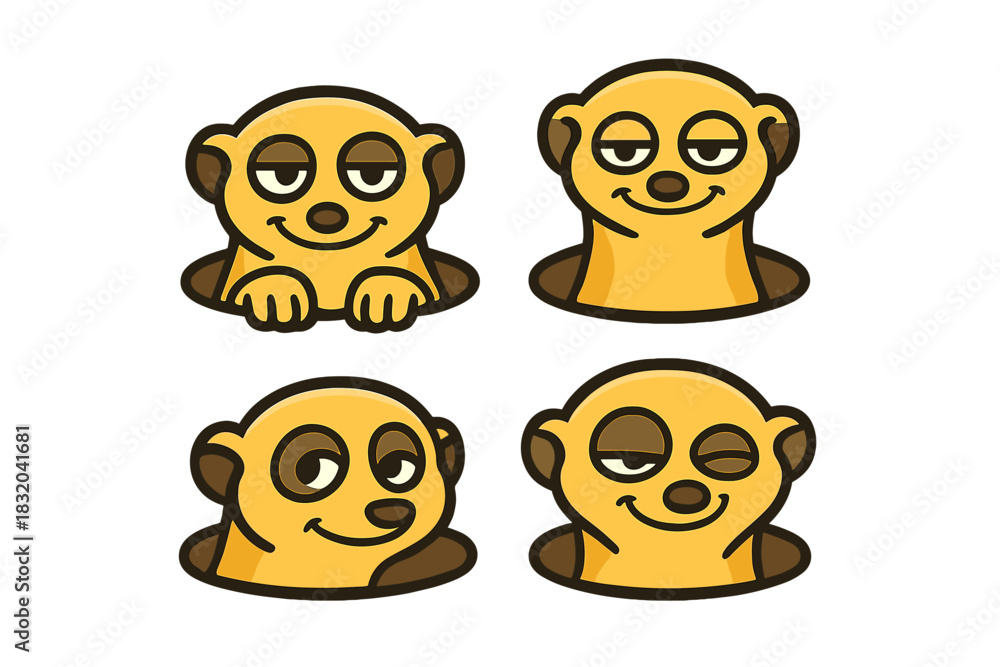Fototapeta premium Cute meerkat characters peeking from holes with different expressions in a playful design setting