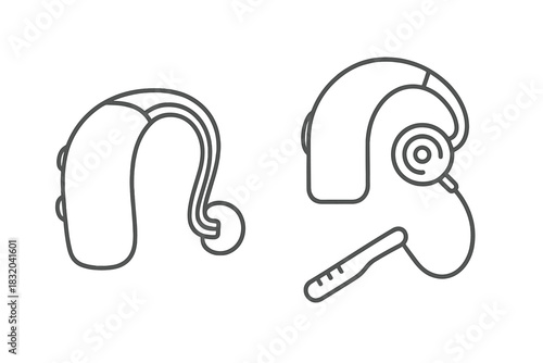 Headphones and earplugs designs showcased in a simple line art style for audio technology