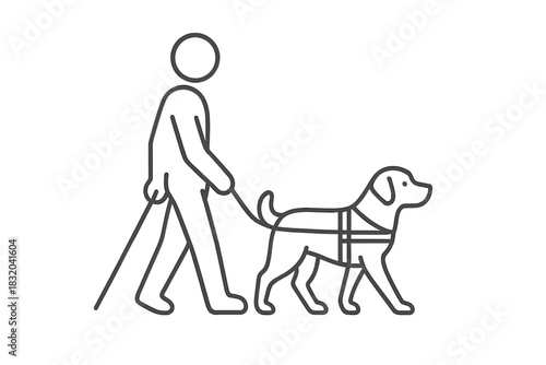 Person walks a dog on a leash in a simple line art style, emphasizing companionship and outdoor activity