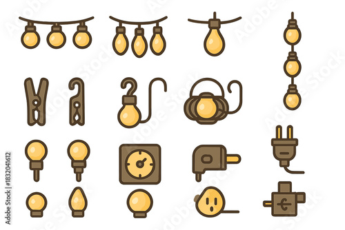 Decorative string lights with various electrical components and accessories for home and party use