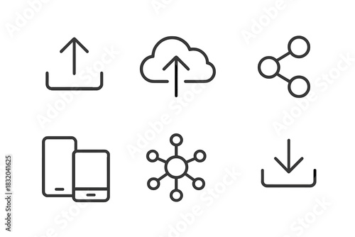 Various digital icons for uploading, downloading, and sharing files in a modern design