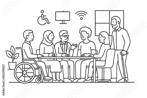 Group of people engaged in discussion about accessibility and inclusivity in a modern meeting space