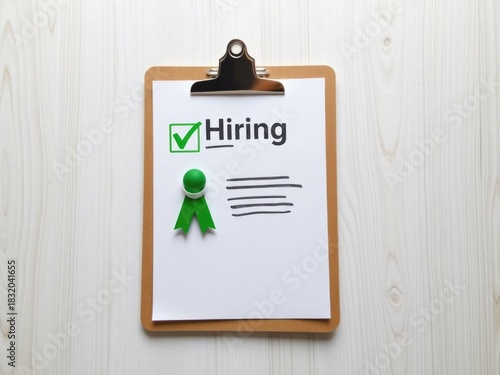 Clipboard with Hiring text and green ribbon badge