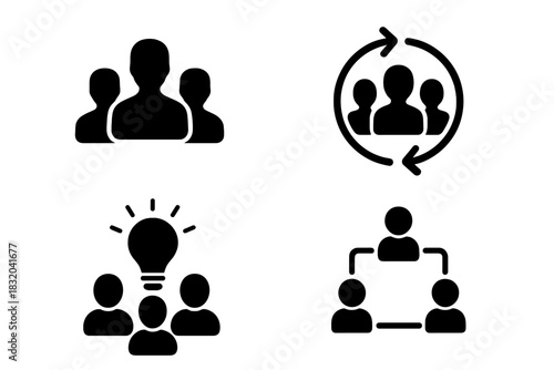 Icons representing teamwork, collaboration, and idea sharing in a modern workspace setting