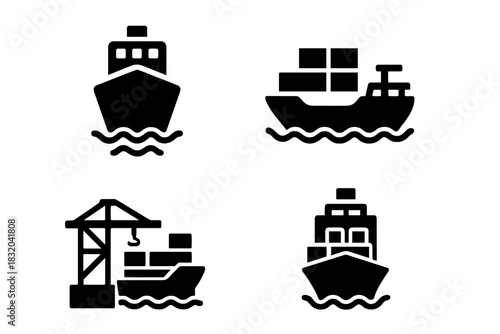 Black and white icons of ships and a crane representing maritime transport and logistics at a busy port