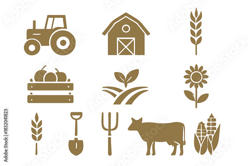 Farming symbols and tools displayed in simple icons representing agriculture and rural life