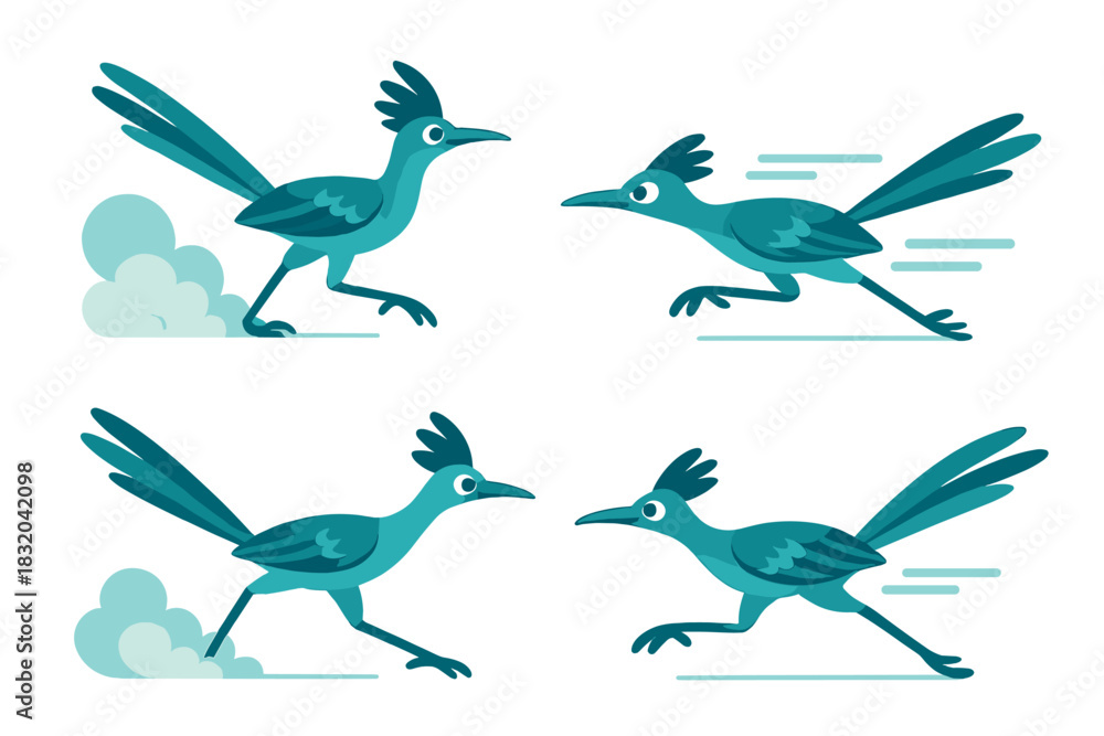 Fototapeta premium Colorful cartoon birds displaying various running poses in a stylized animation style