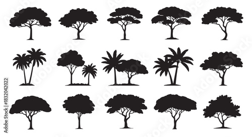 Savannah and tropical tree silhouette set. African acacia, coconut palm, and broad nature vector collection.