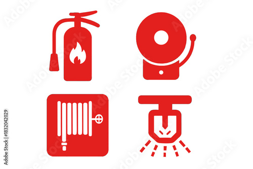 Fire safety symbols including fire extinguisher, alarm bell, sprinkler, and radiator icons showcasing emergency preparedness