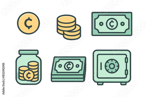 Different types of currency including coins, notes, and a safe for secure storage