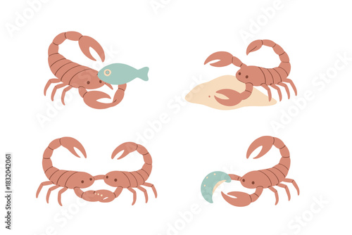 Cute cartoon crabs interacting with fish and sand in a playful beach scene