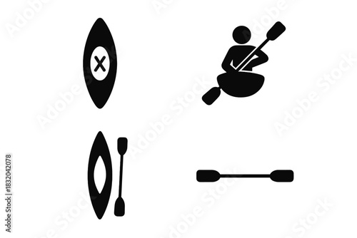 Kayaking symbols featuring a canoe, a paddler, and paddles in a minimalist black and white design