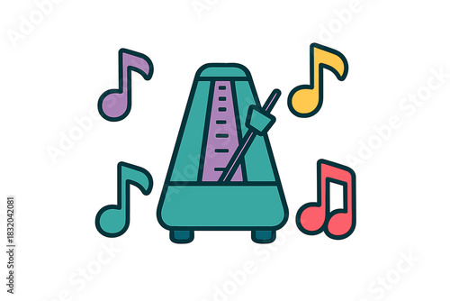 Metronome keeps a steady tempo while musical notes surround it during a creative practice session