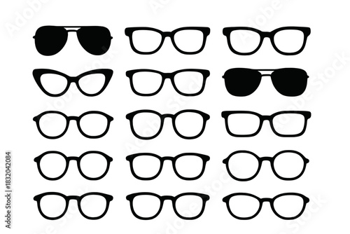 Different styles of eyeglasses and sunglasses arranged in a grid showing various shapes and designs for fashion choices