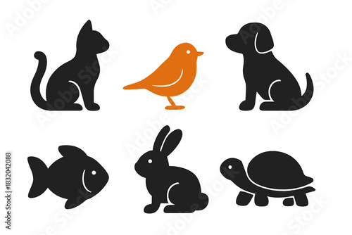 Collection of cute animal silhouettes including cat, dog, bird, fish, rabbit, and turtle on a simple background