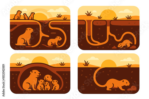 Meerkats play and explore in their burrow system during sunset in the African savannah