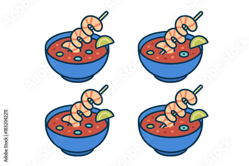 Colorful shrimp cocktail bowls with lime wedges and garnishes presented in a fun arrangement